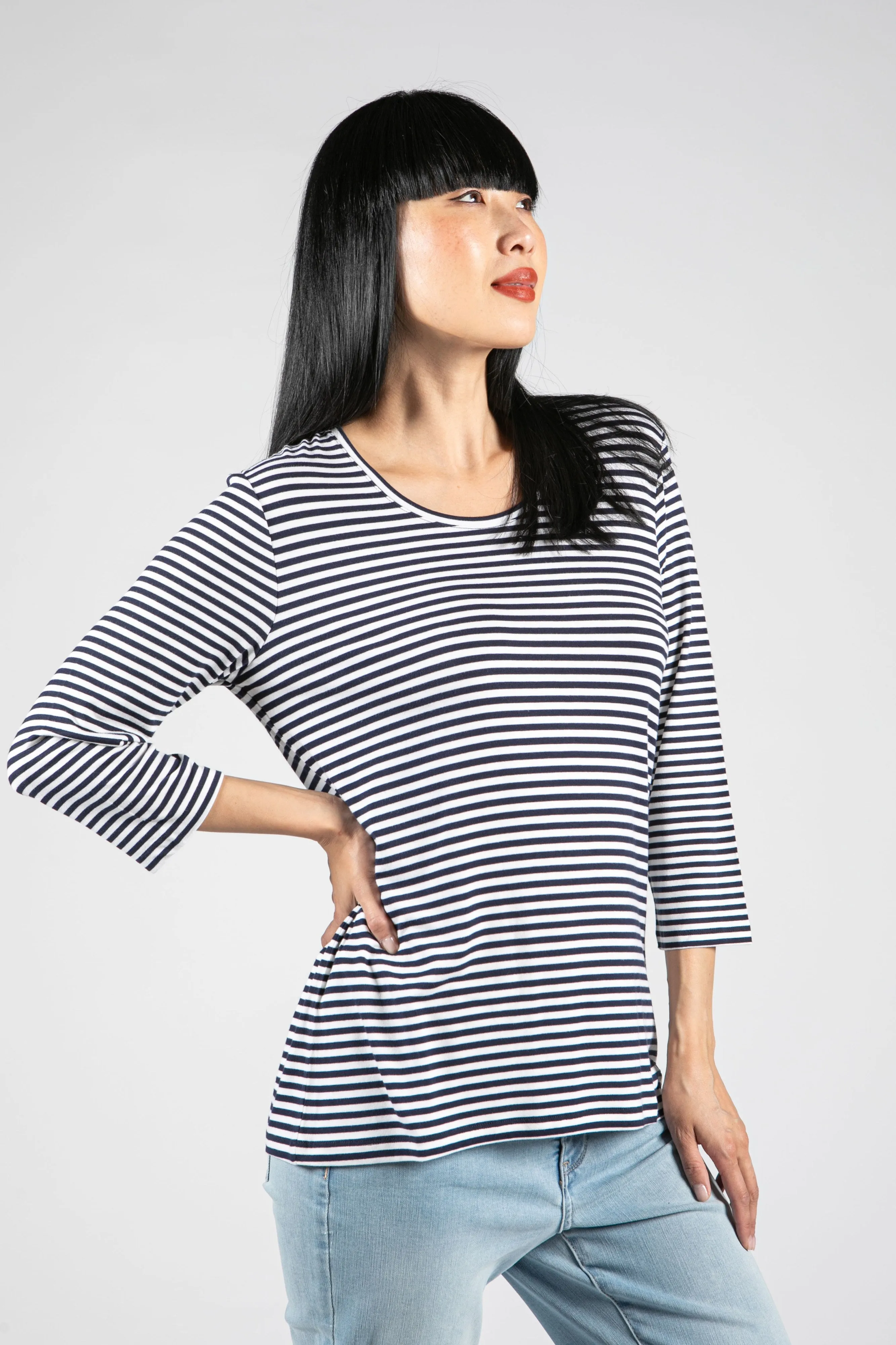 3/4 Sleeve Round Neck Stripe T-Shirt