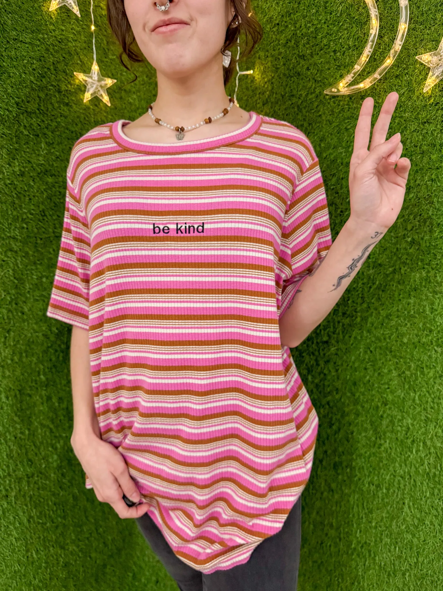 Be Kind Pink Striped T-Shirt 2XL
