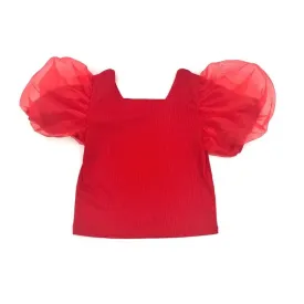 Blended Spirit Ribbed Mesh Puff Sleeve Top | Red