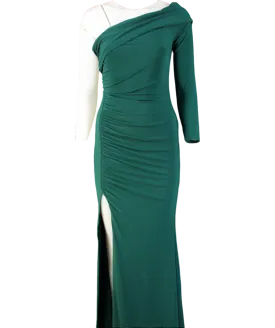 Club L Green Asymmetric One Sleeve Ruched Maxi Dress UK 10